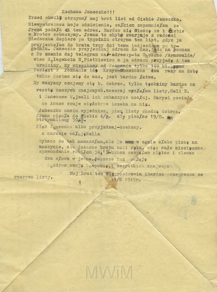 KKE 5281a.jpg - Dok. List do Janiny Kondratowicz od Witolda Pietkiewicza, Choszczno, wieś Szlagiencin, 31 VIII 1945 r.